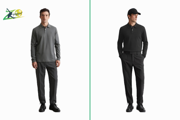 Hai phong cách phối đồ khác nhau với áo thun thể thao nam dài tay có cổ.